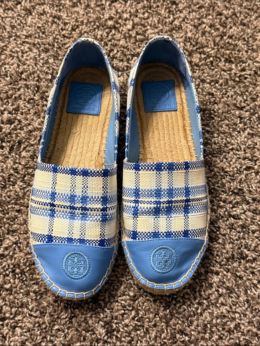 Tory Burch Blue & Cream Plaid Leather-Trim Espadrilles